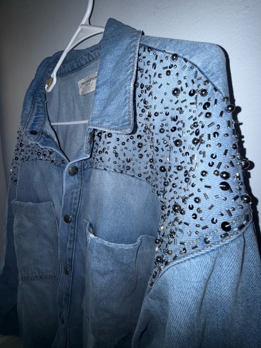 Free People X One Teaspoon Hand Embellished Daria Denim Shirt Size L - MSRP $298